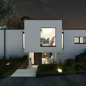 Perspektive Straße Nacht - Neubau-Einfamilienhaus-Frechen