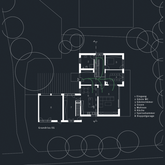 Haus-B - Bauen im Bestand - Grundriss EG Bewegungsablauf