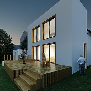 Anbau Haus S Pulheim - Nachperspektive - Kubus (Flachdach) Putz