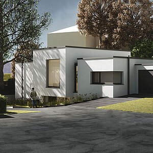 Perspektive Straße - Neubau-Einfamilienhaus-Frechen