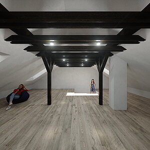 Konzept 01 - Öffnung Dachgeschoss - Holzstuhl schwarz - Lichtquellen zwischen Kehlbalken