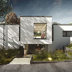 Perspektive Straße - Neubau-Einfamilienhaus-Frechen