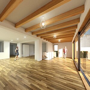 Anbau Haus S Pulheim - Innenperspektive Bestand - Neu (Deckenbalken sichtbar)