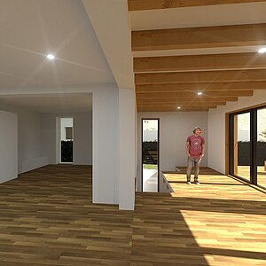 Anbau Haus S Pulheim - Innenperspektive Bestand - Neu (Deckenbalken sichtbar)