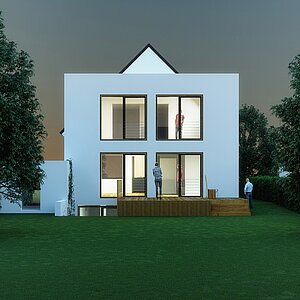 Anbau Haus S Pulheim - Nachperspektive - Kubus (Flachdach) Putz